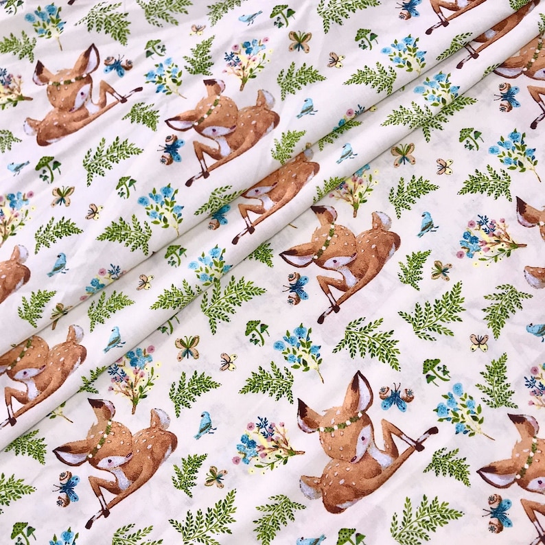 Bambi deer on ecru cotton fabric baby fabric by the yard by | Etsy