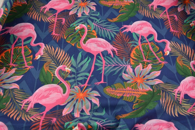 Pink Flamingos on navy background Cotton fabric by the yard Etsy