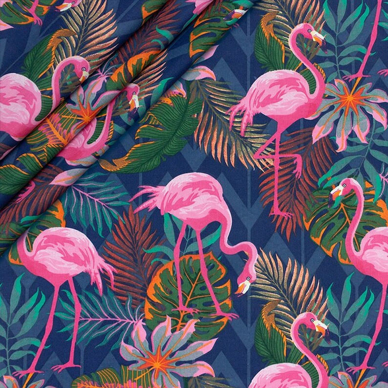 Pink Flamingos on navy background Cotton fabric by the yard Etsy