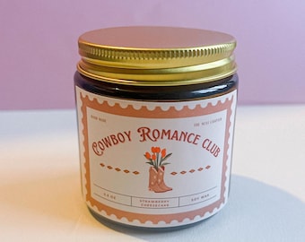 Cowboy Romance Club Candle | Strawberry Shortcake Soy Candle | Bookish Gift | Romance Reader Candle | Handmade Amber Jar Candle for Readers