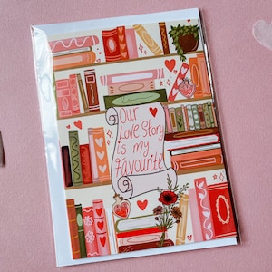 Onze liefdesverhaalboekkaart, schattige valentijnskaart, wenskaart, schattige jubileumkaart, geïllustreerde boekkaart, valentijnskaart voor haar/hem