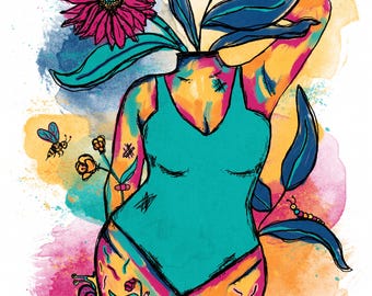 Blooming Body Art Print: Body Positive Woman, Rainbow Decor