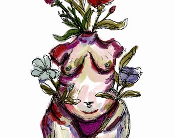 Body Positive-kunstprint: curvy vrouw met bloemen