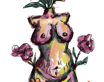 Floral Body Positive Art Print: Curvy Woman with Flowers