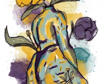 May include: A colorful abstract illustration of a person with flowers growing from their head. The person is depicted in a blue, green, and yellow color scheme, with the flowers in shades of yellow, purple, and blue. The background is a watercolor wash of yellow, purple, and green.