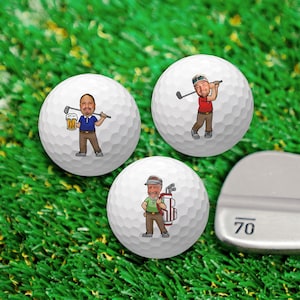 May include: Three white golf balls with personalized cartoon images of people. One person is holding a beer, another is swinging a golf club, and the third is carrying a golf bag.