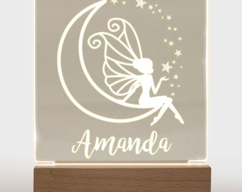 Fairy Sit on Moon Night Light, Kids Birthday Gifts Baby Lamp, Fairy LED Night Light with Personalized Name, Acrylic Night Light for Nursery