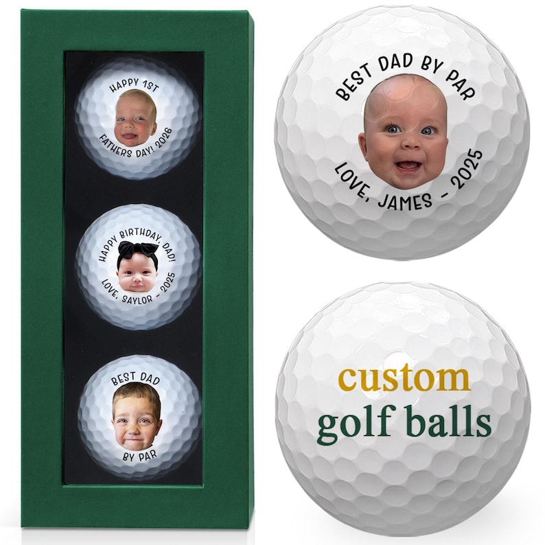three golf balls with personalized messages on them. The first golf ball has a picture of a baby, the second golf ball has a picture of a father, and the third golf ball has a picture of a baby. The golf balls are displayed in a green box, and the message "Best Dad by Par" is printed on them.