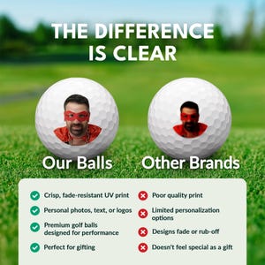 The image is a comparison between two types of golf balls, labeled as "Our Balls" and "Other Brands". The text highlights the differences between the two, such as the quality of the print, the design of the golf balls, and their suitability for gifting.
