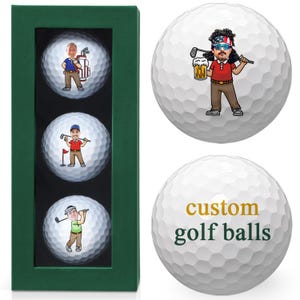 May include: A set of three personalized golf balls in a green box, each featuring a cartoon golfer. Two additional golf balls are shown, one with a golfer and the other with the text "custom golf balls".