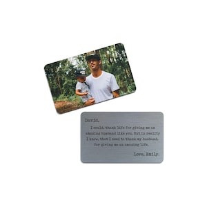 Tarjeta de billetera de metal grabada personalizada con foto - Regalo de aniversario para papá - Regalo de Navidad para papá - Tarjeta de billetera con mensaje personalizado