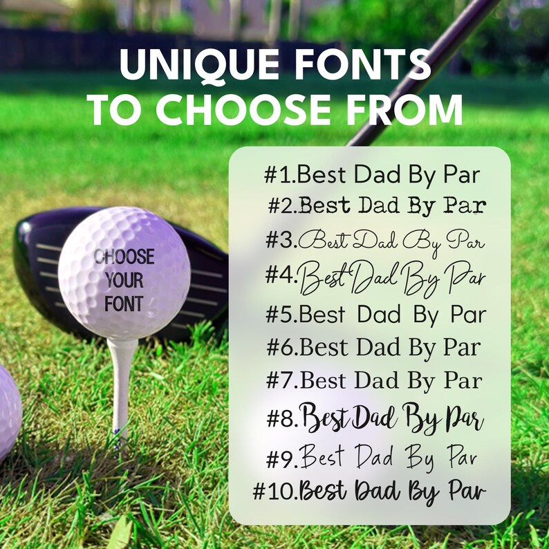 a golf club and a golf ball, with text suggesting that the golf ball can be personalized with a unique font.