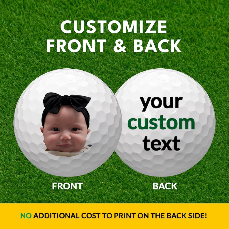a baby wearing a black bow on a golf ball, with the text "CUSTOMIZE FRONT & BACK" and "your custom text" displayed on the golf ball.