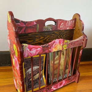 Beautiful painted wood antique magazine holder, oversized.