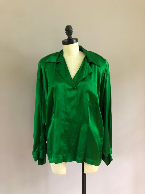 Vintage OMO Norma Kamali emerald green silk shirt.