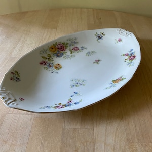 F Legrand et Cie Limoges France circa 1920 14.5” porcelain oval serving platter. Hand painted with gold trim.