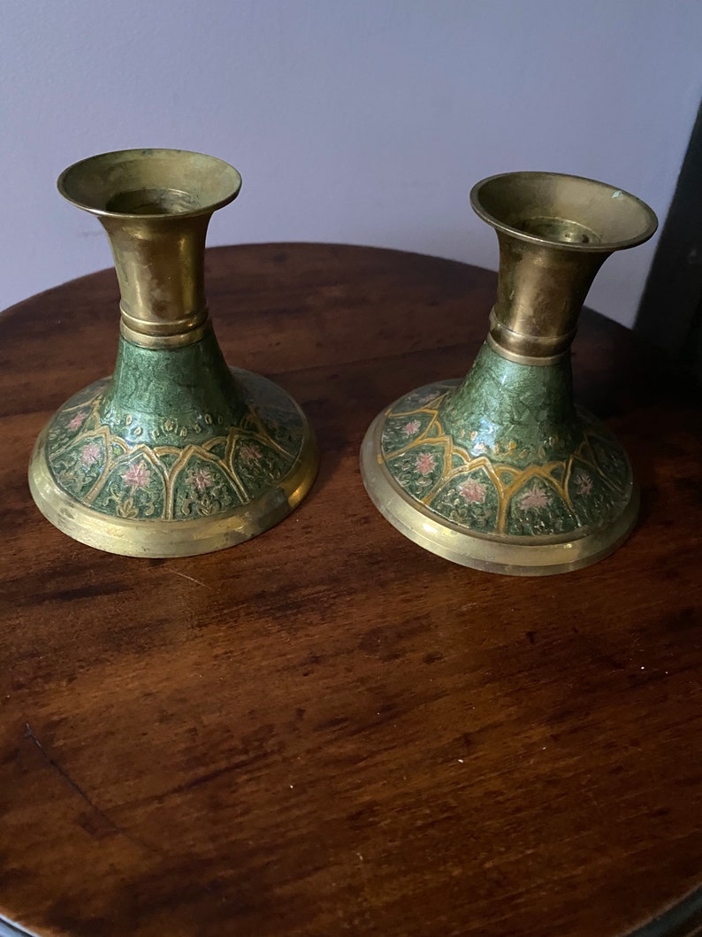 Brass enamel candle sticks from India.
