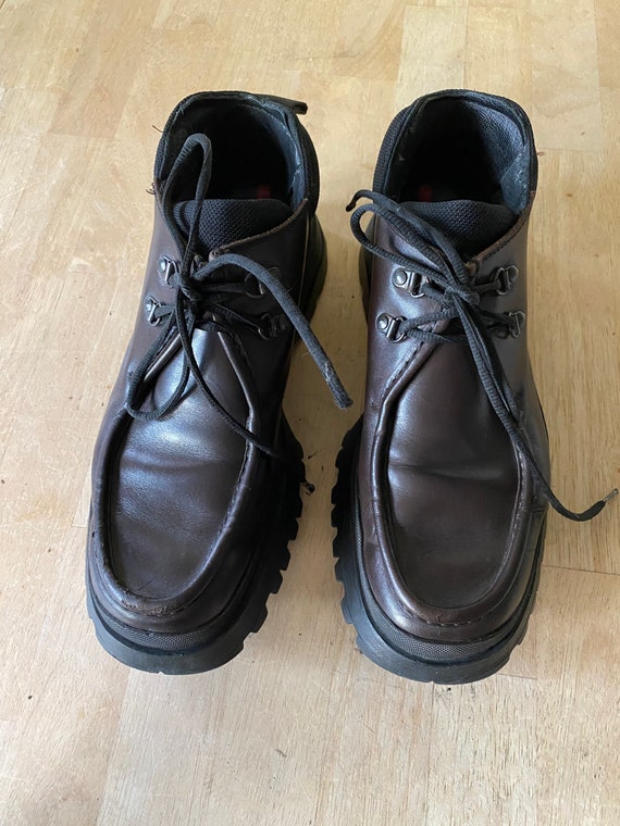 Vintage Prada Lug Soled Leather Lace up Brown Boots Size 9.5. Made in Italy. Etsy UK