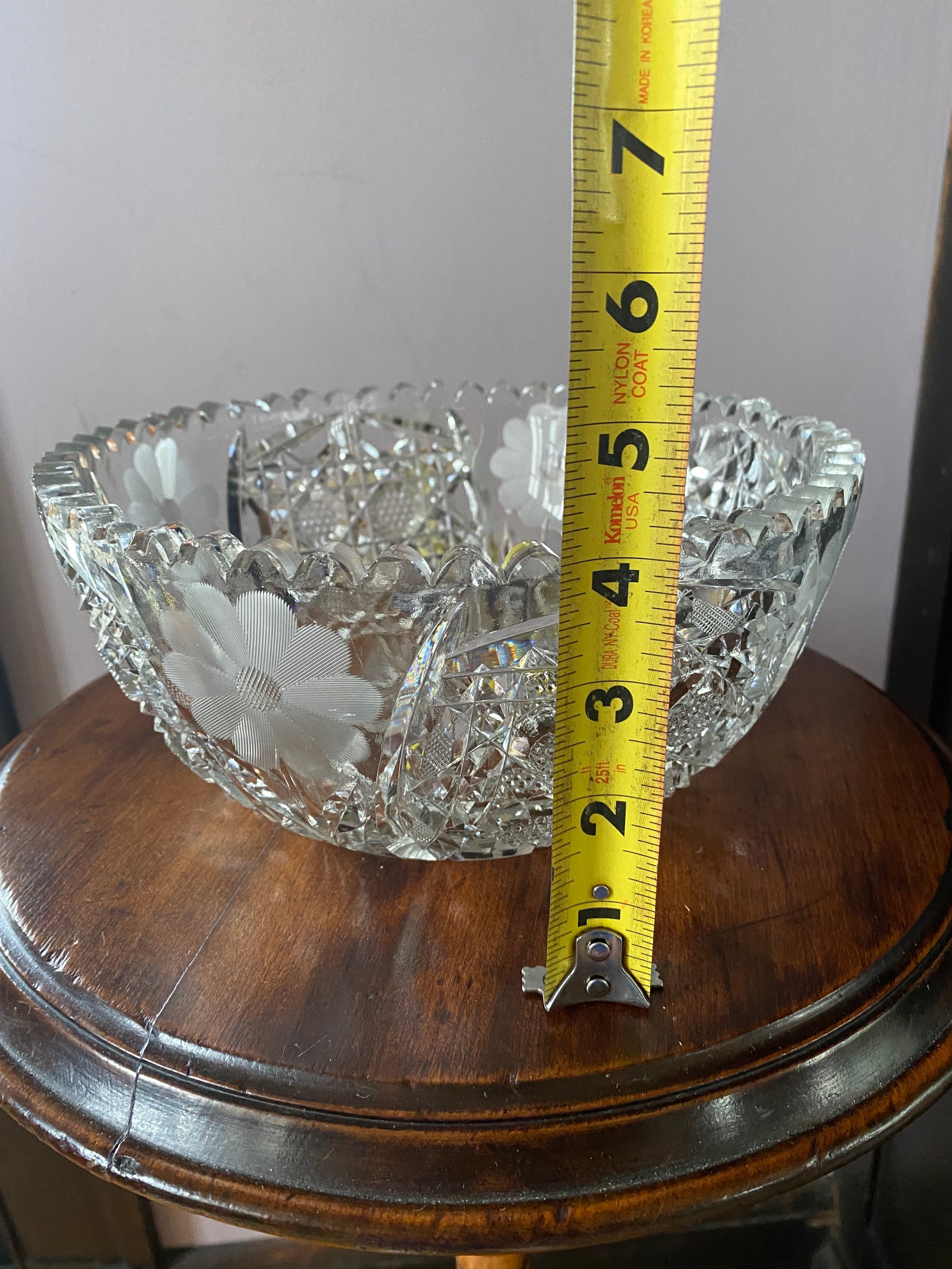 Antique heavy 9 crystal bowl circa 1940. Etched and cut Etsy Polska