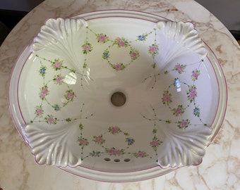 Vintage floral Sherle Wagner painted porcelain drop in sink circa 1993.