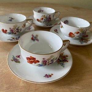 Antique Dresden Pirken Hammer floral porcelain tea cups and saucers. Set of 4. Made in Czechoslovakia.