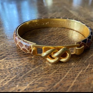 Mannelli 24kt gold plated hinged bangle with brown snakeskin from Florence.