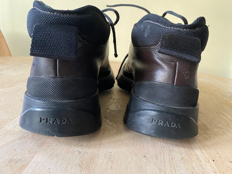 Vintage Prada lug soled leather lace up brown boots