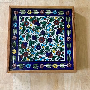Armenian pottery Jerusalem. Clay tile trivet in a wooden case