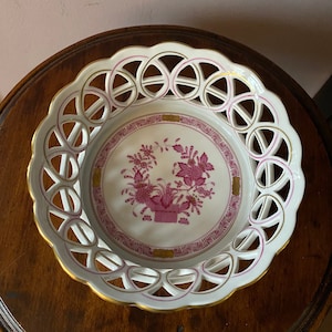 Herend Raspberry Chinese Bouquet Pierced Porcelain Round Basket #7404.