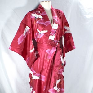 Vintage 1960s Made in Japan Maruky Kyoto Tokyo Magenta Crane Womens Kimono Floor Length Birds Clouds