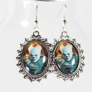 Evil Clown &quot;It Is Here&quot; Earrings Loser Gift Idea Horror Movie Jewelry Silver Toned Metal Cameo Earring Hypoallergenic Hooks