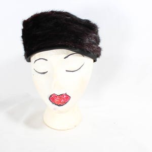 Vintage 1960s Black Sateen & Mink Fur Pillbox Hat Glamorous Old Hollywood Style