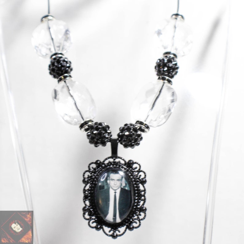 Sean Connery Never Say Never Again Glam Acrylic Beaded Rhinestone Necklace in Black and Clear