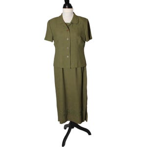 Conjunto Whimsigoth vintage de los años 90 en Sag Harbor, talla 10P, vestido verde oliva bordado y chaqueta bolero, estilo Sally Owens Academia Midi