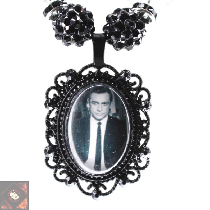 Sean Connery Never Say Never Again Glam Acrylic Beaded Rhinestone Necklace in Black and Clear