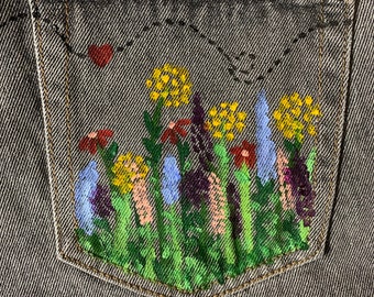 Grau / Schwarz Boyfriend Jeans mit Kundenspezifisch Handbemalte Blumen / Garten Taschen