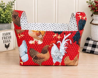 Handmade Chicken Rooster Fabric Storage Basket, Farmhouse Country Decor Bin