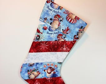 Handmade Christmas Stocking with Cuff, Sparkly Snowmen and Silver Foil Snowflakes