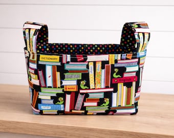 Bookworm Fabric Basket with Handles: Reusable Cotton Storage Bin
