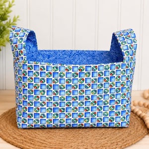Handmade Blue Floral Patchwork Organizer Fabric Basket with Handles, Storage Bin
