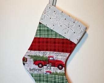 Handmade Red Truck and Dalmatian Christmas Stocking with Snowflake Cuff
