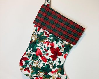 Handmade Poinsettia Stocking with Green & Red Plaid Cuff