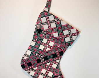 Handmade Vintage Christmas Stocking with Cuff, Rose Flowers, Hunter Green and Cream Colors