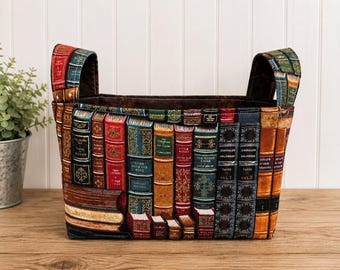 Handmade Classic Book Library Fabric Basket, Reading Nook Organizer, Storage Bin