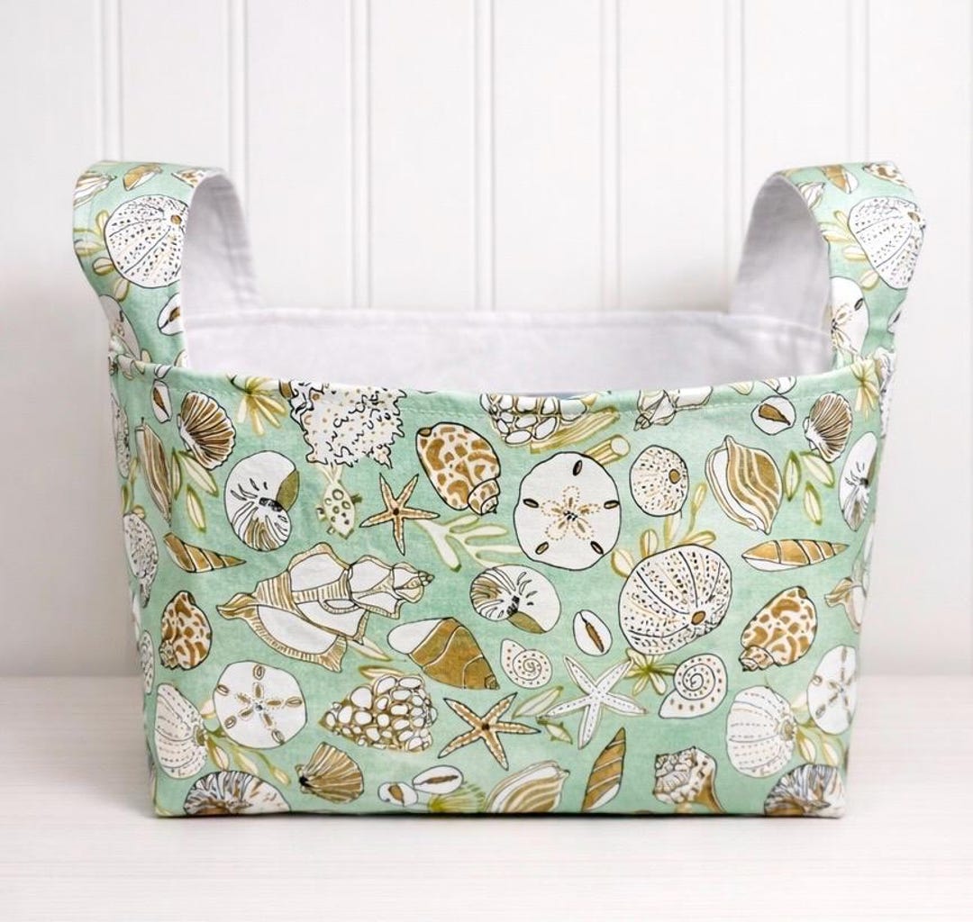Visual Reference: Seashell Fabric Basket With Handles Coastal Decor Storage Bin