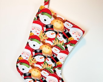 Handmade Fabric Christmas Stocking w/ Snowmen, Bears, Santa & Moose