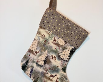 Handmade Woodland Deer Christmas Stocking with Cuff, Forest Tree Scene