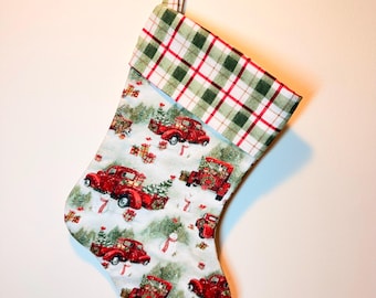 Handmade Vintage Red Truck Christmas Stocking, Farmhouse Plaid Cuff, Snowy Scene