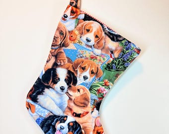Handmade Puppy Dog Theme Fabric Christmas Stocking, Fully Lined