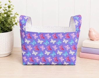 Handmade Purple Butterfly Fabric Basket with Handles, Storage and Organization Bin Container, Gift Bag